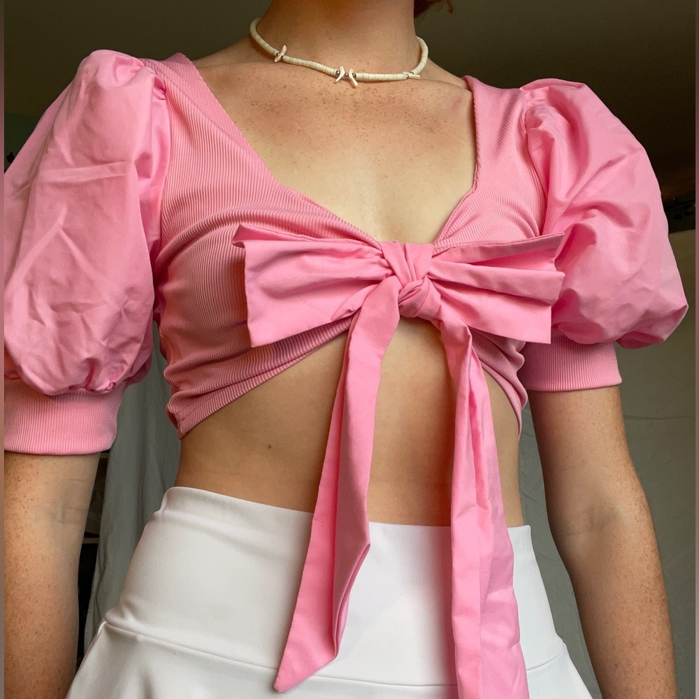 SHEIN Pink Puffy Princess Blouse with Bow